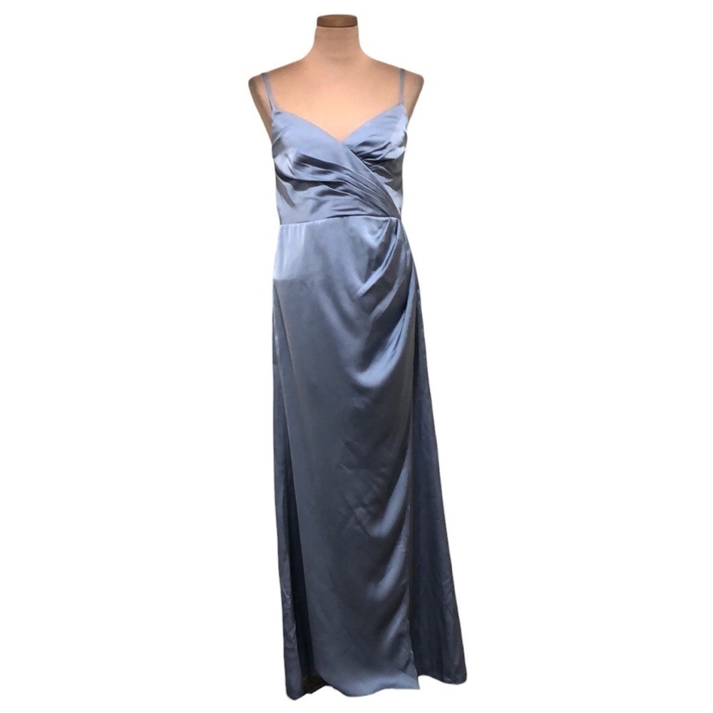 Azazie Maxi Dress Size 6 Blue Ruched Satin Gown